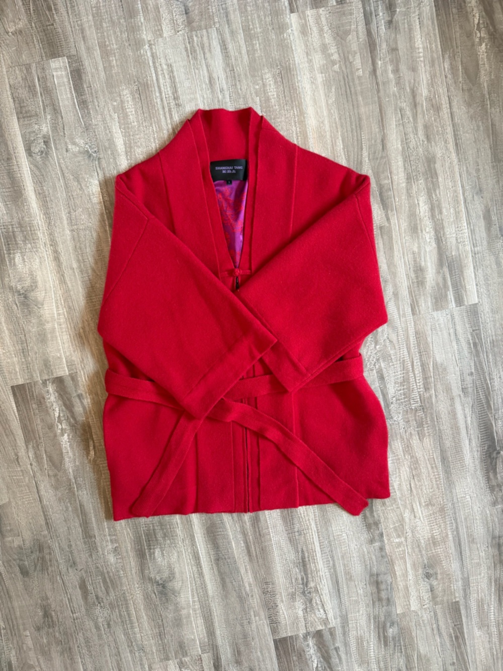 Shanghai Tang Red Wool Blend Belted Kimono Sweater - Picture 4 of 9